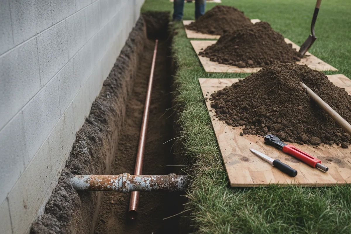 Excavated water line trench during Sewer Line Repair in Chestnut